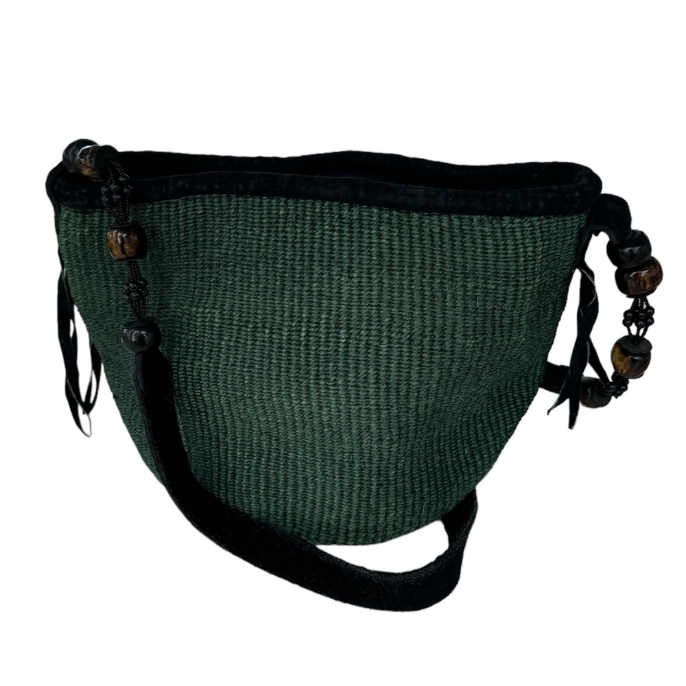Vintage Woven Green Bucket Bag with Beaded Leather Strap